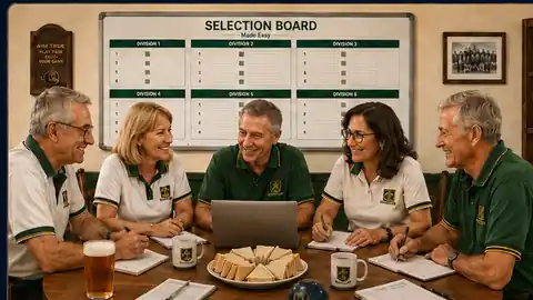 Five lawn bowls selectors meeting around a laptop